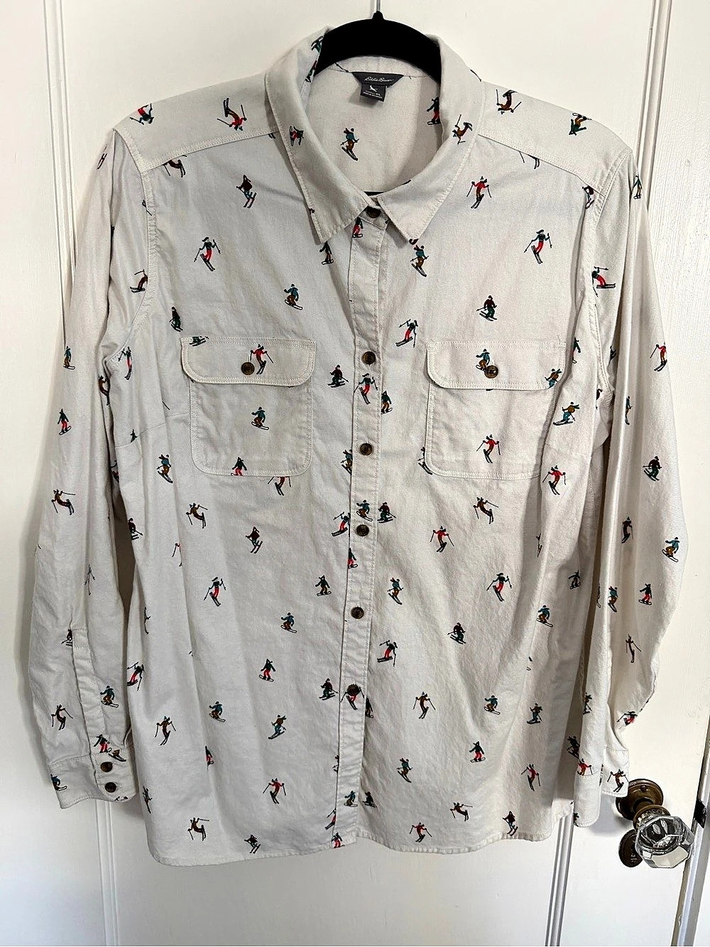 Eddie Bauer Ski Print Casual Button Down White & Multicolor XL